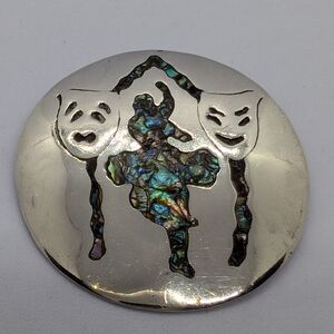 Mexico 925 Silver Comedy and Tragedy Mask Brooch with Abalone Inlay